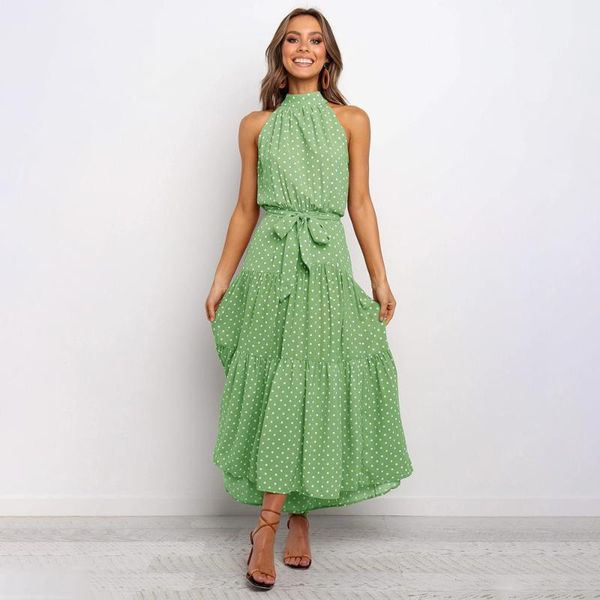 

casual dresses 2021 arrival women cotton strapless polka dot maxi dress summer backless sleeveless irregular print beach sundress, Black;gray