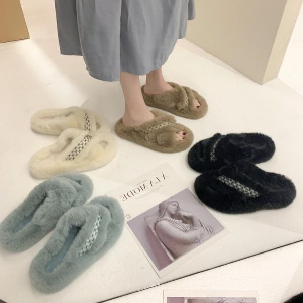 

slippers winter women house faux fur fashion warm shoes woman slip on flats female slides cozy home fuzzy lady, Black