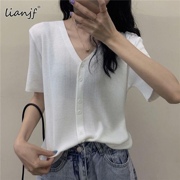 

women's knits & tees summer v-neck knitted cropped solid color t shirts women korean elegant gentle thin ice silk short sleeve plus siz, White