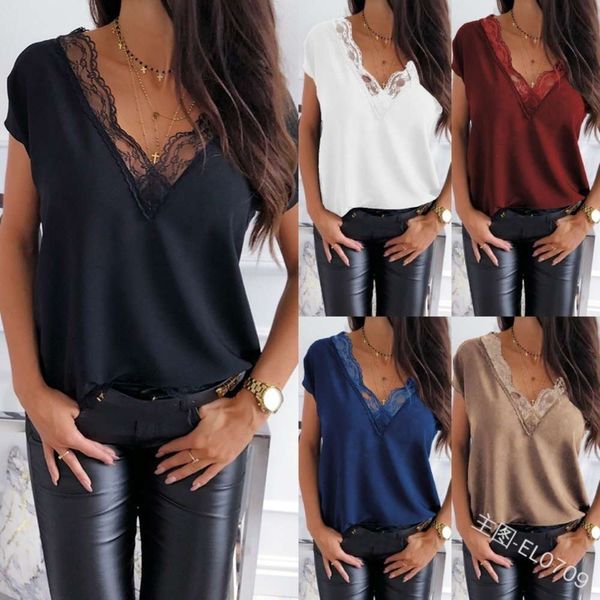 

t-shirt women's solid color v-neck lace splicing short sleeve xsrf, White