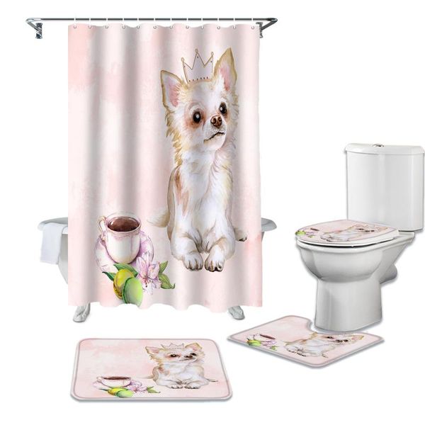 

dog coffee cup watercolor painting shower curtain set carpet cover toilet bath mat waterproof bathroom curtains