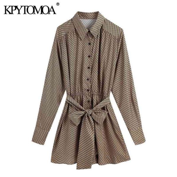 

women fashion with belt geometric print mini dress vintage long sleeve button-up female dresses vestidos mujer 210420, Black;gray