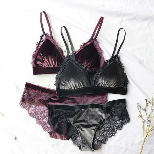 

bras sets 2021 5 colors velvet thin bra with pad and transparent panties adjustable bralette underwear sleepwear, Red;black