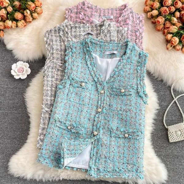 

women's vests arrival autumn v-neck loose tassel woven tweed vest women temperament ladies small fragrance outwear, Black;white
