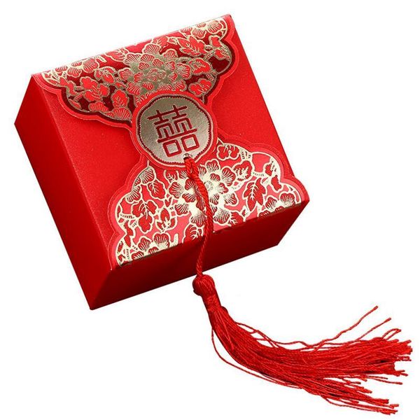 Hediye Paketi Olay Parti Malzemeleri Püskül Kolye Kare Kırmızı Kağıt Kutusu Hollow Çiçek Düğün Parti Şeker Çikolata