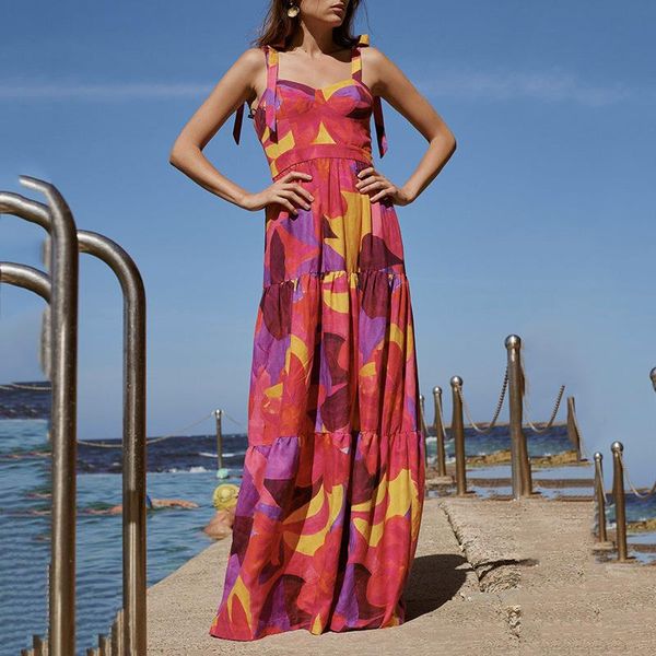 

casual dresses 2021 spring sea vacation women dress fashion print halter long sleeveless ladies, Black;gray