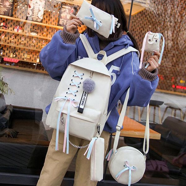 

5pcs/set lace bow school bag for teenage solid backpack schoolbag women student bundle bags