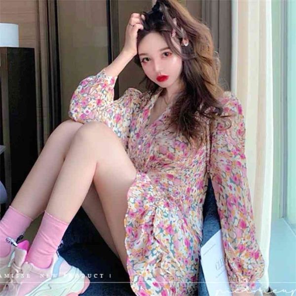 

floral print dress women chiffon vintage retro long sleeve french style summer autumn clothes korean fairy 210519, Black;gray