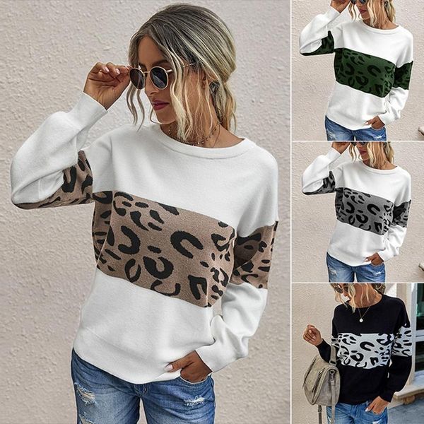 

women's sweaters o-neck casual loose knitting long sleeves fashion leopard sweater pullover, White;black