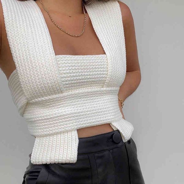 

spring arrivals white solid color regular length knitted slim street style vest strap sleeveless mz054 210525