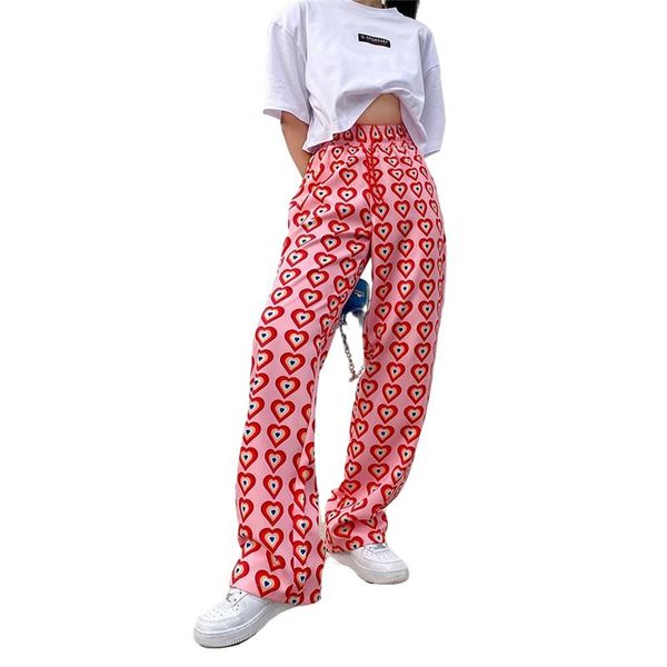 

women's pants & capris wide-leg women 2021 spring autumn heart-shaped print high waist drawstring loose thin drape fashion casual stree, Black;white