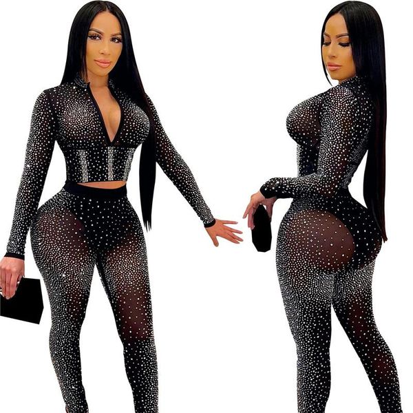 

women's two piece pants wuhe drilling diamond 2 sets long sleeve deep v neck hollow out and tight nightclub party casual outfits, White