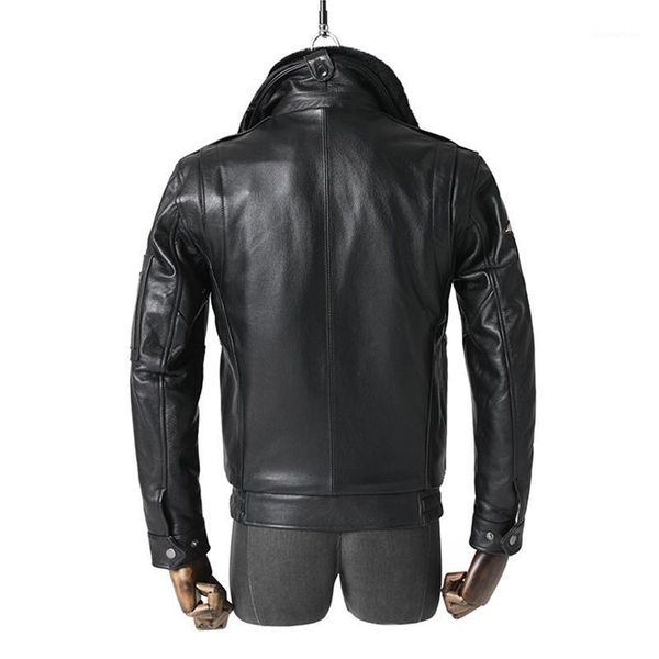 

men's leather & faux 2021 black military style pilot jacket men wool collar plus size 5xl genuine natural cowhide autumn aviation coat