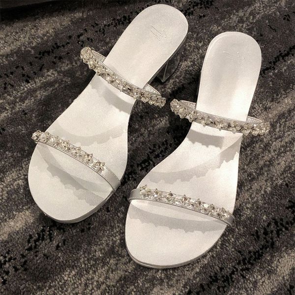 

leisure one line summer net red open toe thick heels women's rhinestone flat bottom sandals, Black