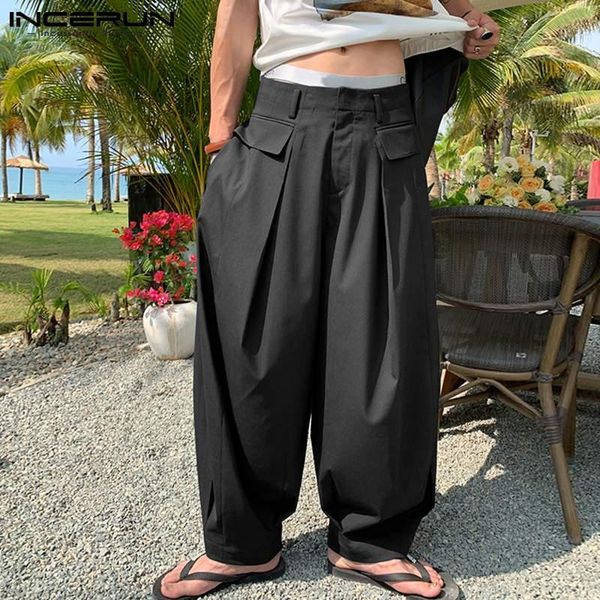 

men's pants incerun solid color men wide leg joggers loose zipper streetwear lantern trousers vintage casual pantalones hombre 2021, Black