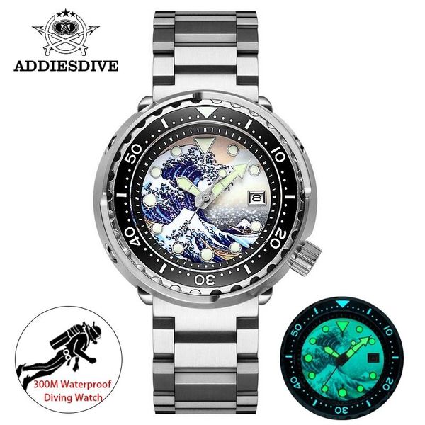 

wristwatches addies tuna diving watch automatic steel stainless surfing dial nh35 men's wristwatch mechanical watches waterproof 300m r, Slivery;brown
