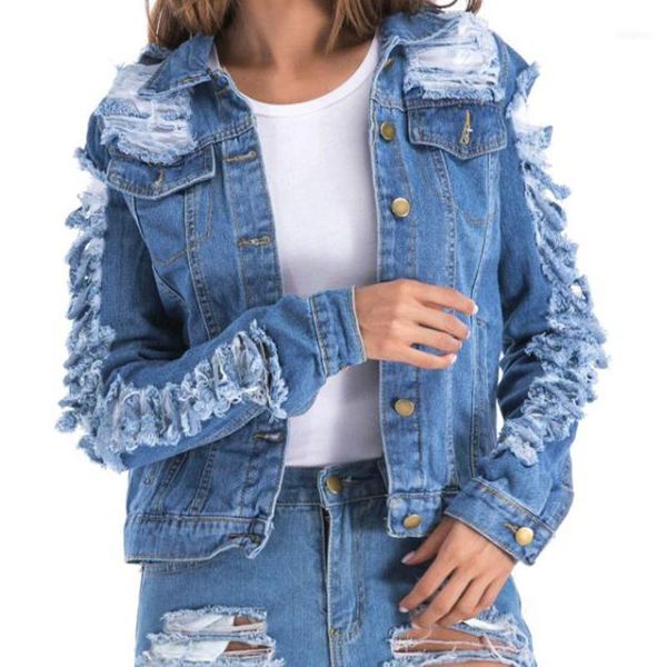 

women blue hole denim jacket harajuku boyfriend style jean coat casual long sleeve ripped cropped overcoat plus size1, Black;brown