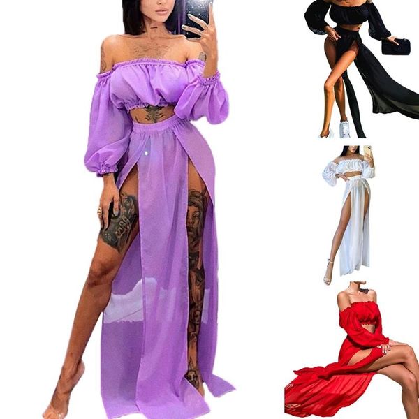 

one-piece suits women 2pcs bikini swimsuit cover up set mesh crop slit maxi beach skirt