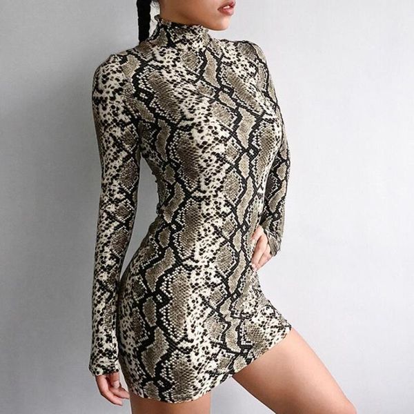 

snake skin print dress turtleneck long sleeve elastic vestido women 2021 fall winter bodysuit mini jurken casual dresses, Black;gray