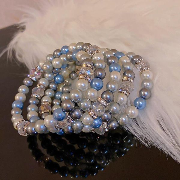 

charm bracelets minar sweet blue gradient pearls beaded bracelet for women multi layered rhinestones crystal summer accessories, Golden;silver