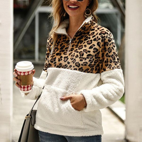 

women's sweaters womens leopard fleece sweater patchwork fluffy thick zipper pullovers women winter casual warm coat sherpa, White;black