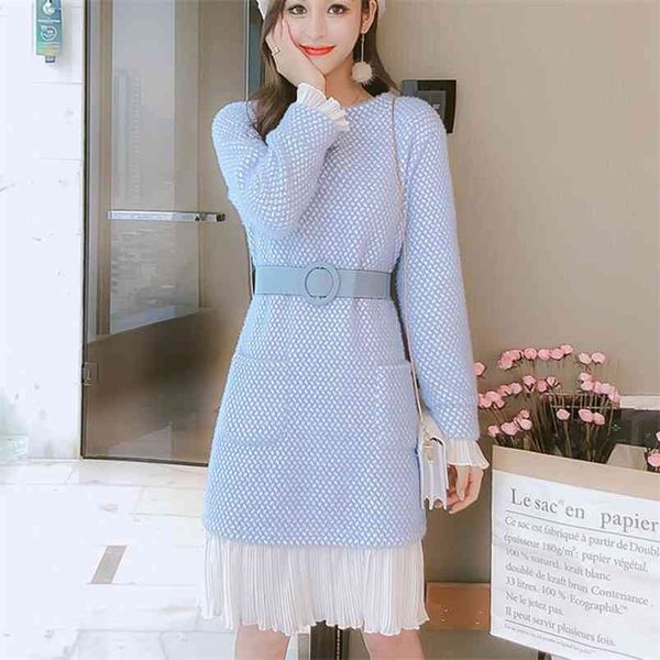 

autumn winter christmas woman dress korean fake two piece patchwork fashion casual oversize dresses with sashes vestidos robe 210514, Black;gray
