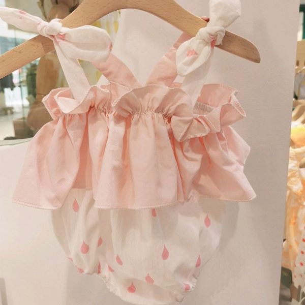 

sweet newborn girls raindrop print ruffle sleeveless bodysuit polka dot cotton baby jumpsuit with hat 210413, White