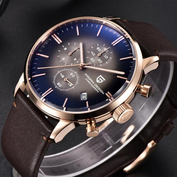 

wristwatches pagani design men's watches 30m water-resistant 30k waterproof genuine leather japanese movement quartz watch chronograph, Slivery;brown