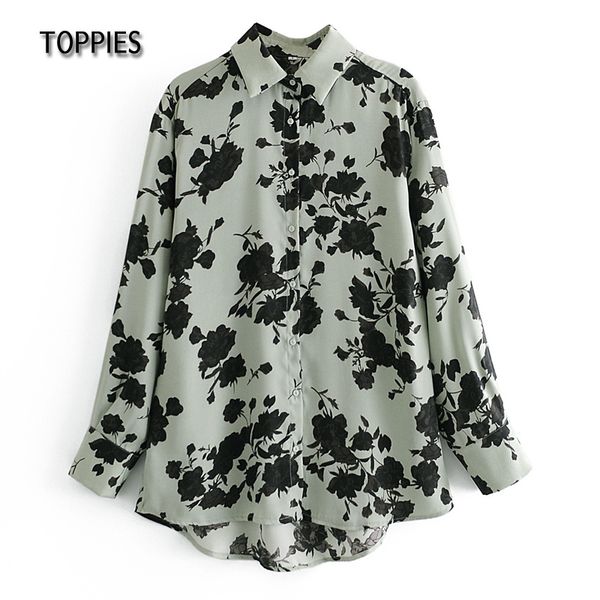 

ies floral printing shirts women long sleeve blouses loose boyfriend shirts long hem streetwear 210412, White