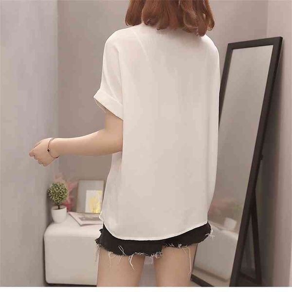 Koreanische Plus Größe Kurzarm Chiffon Bluse Sommer Schwarz Weiß Frauen Hemd Blusas Mujer De Moda Lose Damen Tops 9988 210521