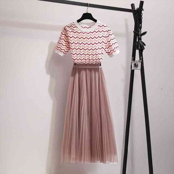 

sweet pink two piece set elegant wave striped knitted pullover mesh pleated long skirts suits summer 2 piece set, Gray
