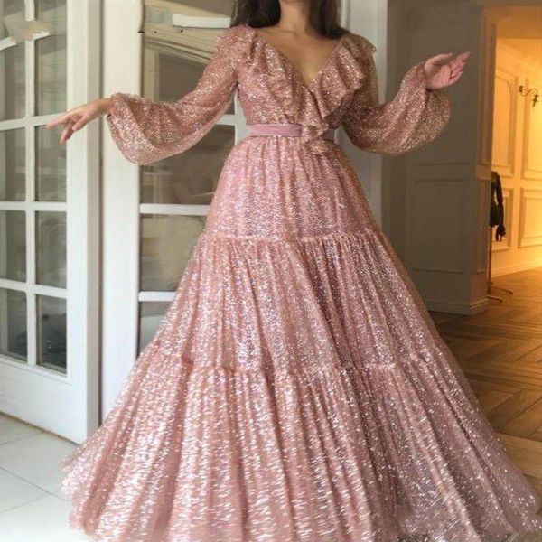 

glitter rose pink sequined prom dresses a line 2021 long sleeve floor length formal evening gowns celebrity party dress sparkly vestidos, Black