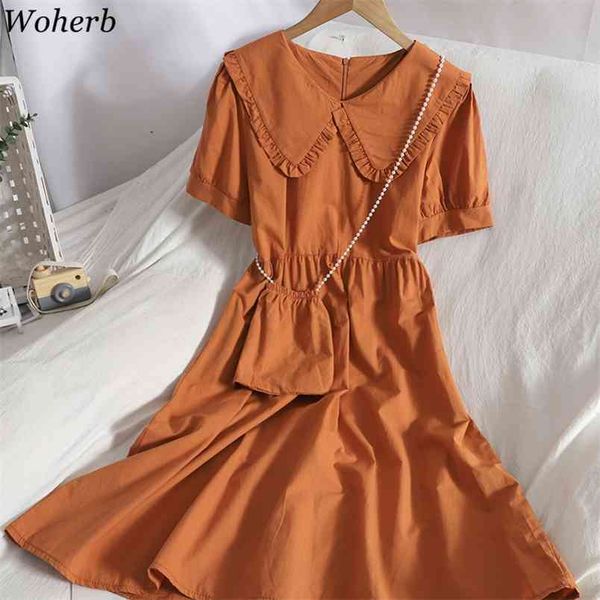 Frauen Kleid Rüschen Patchwork Peter Pan Kragen Puff Sleeve A-linie Kleider Koreanische Slim Fit Dünne Vestidos Perlen Taille Tasche 210519