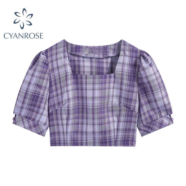 

purple plaid crop blouse women's sweet square collar retro summer shirts short sleeve mori girl rok relax preppy style 210417, White