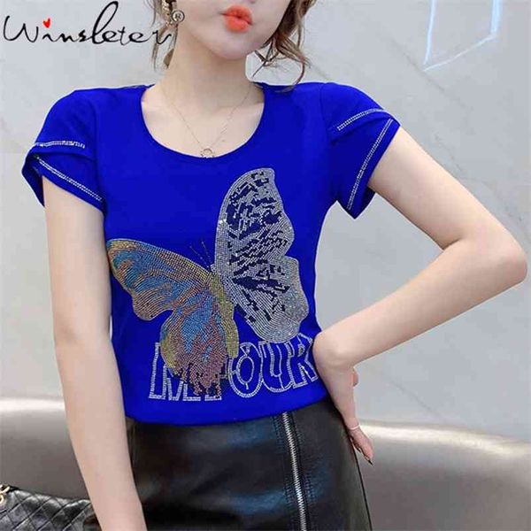 T-shirt estiva stile europeo Slim Fashion O-Collo Donna Top manica corta Sexy Back brillanti diamanti farfalla Tees T14417A 210421