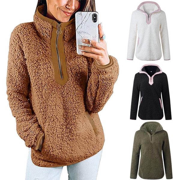 

women's hoodies & sweatshirts arrival women plush zipper sweatshirt long sleeve loose pullover outwear with pockets, Black