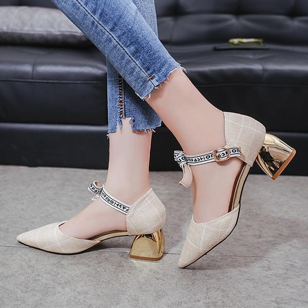 

fashion pointed toe head retro plaid sandals thick with small fresh sweet high heels women, Black