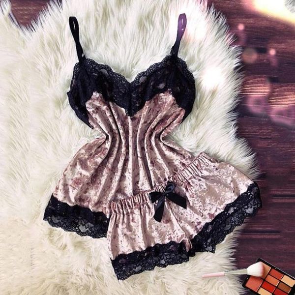 

women's sleepwear lingerie set velvet pajama temptation babydoll nightwear cute cami and shorts pijama mujer, Black;red