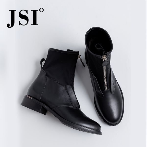 

boots jsi women mid-calf round toe buckle strap genuine leather ladies shoes solid square heel med heels basic jo367 v8yf, Black