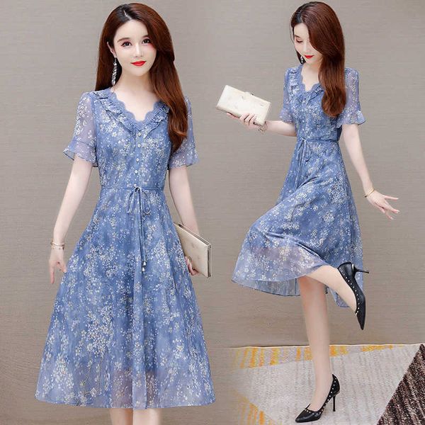 

floral chiffon drs women's 2021 summer style slim middle aged mother's, Black