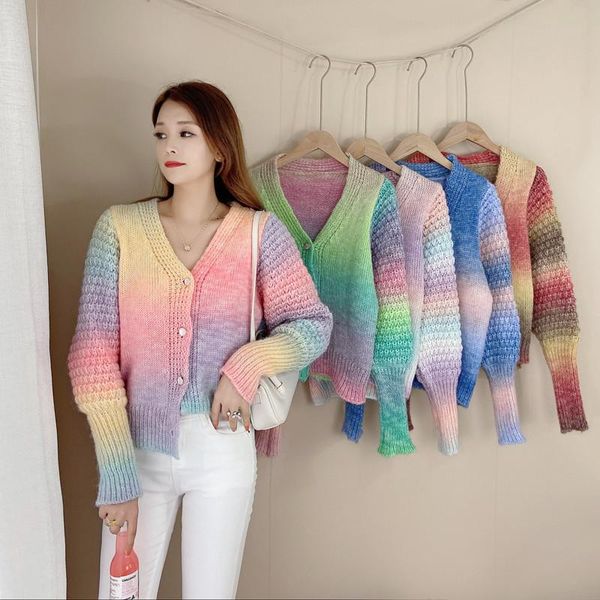 

women's knits & tees korean sweet cardigan sweater women single breasted v-neck knit jacket fall kawaii gradient color rainbow knitted, White