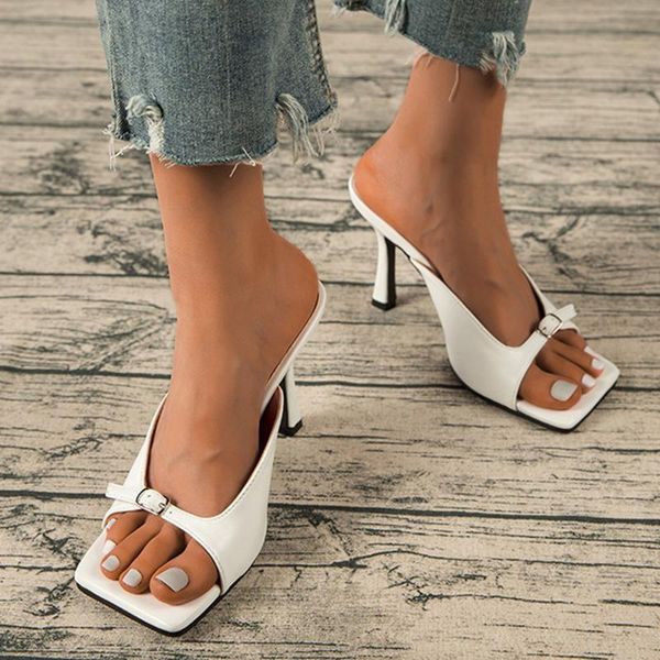 

sandals 2021 summer women's mules modern women slippers shoes female slides high heels square toe shoe ladies fashion, Black