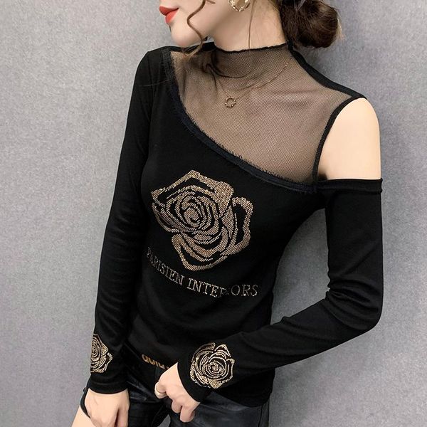 

spring fall korean style t-shirt chic diamonds rose patchwork women dunayskiy long sleeve all match tees women's, White