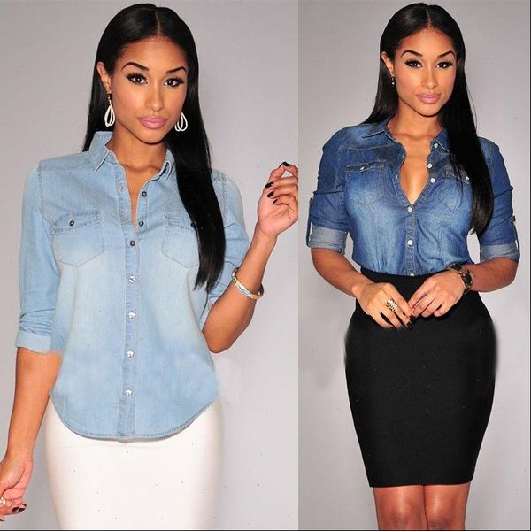 

autuumn casual jean soft denim womens shirts long sleeve, White