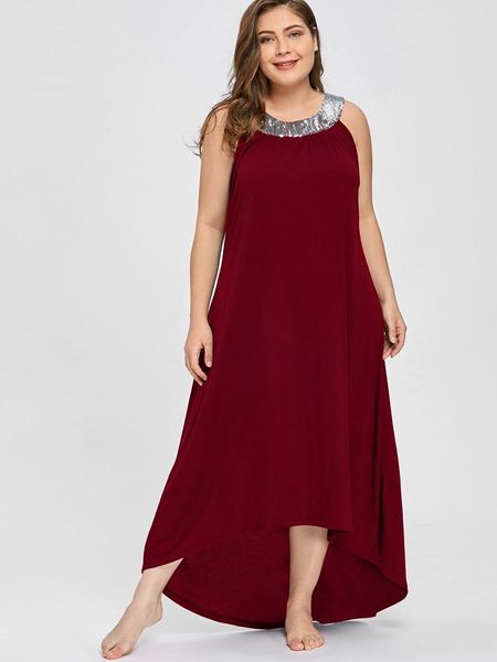 

casual dresses summer large size 2xl-6xl long sleeveless beads round neck solid color loose women's dress, Black;gray