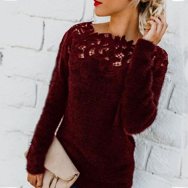 

women's sweaters jchb women solid color long sleeve o neck floral lace patchwork pullover sweater casual for autumn winter, White;black