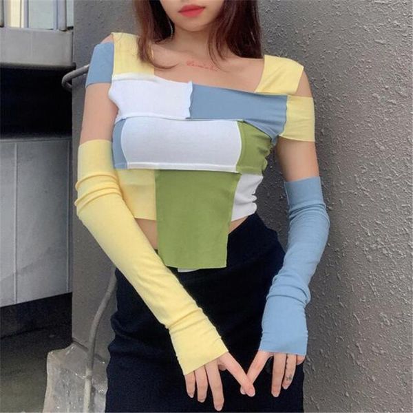 

women's t-shirt women patchwork t-shirts crop ribbed soft fabric long sleeve streetwear autumn casual short club t shirts female, White