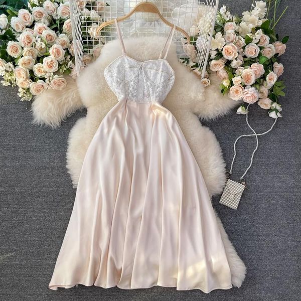 

casual dresses summer dress 2021 fashion satin patchwork lace party long for women holiday beach fairy midi robe femme, Black;gray