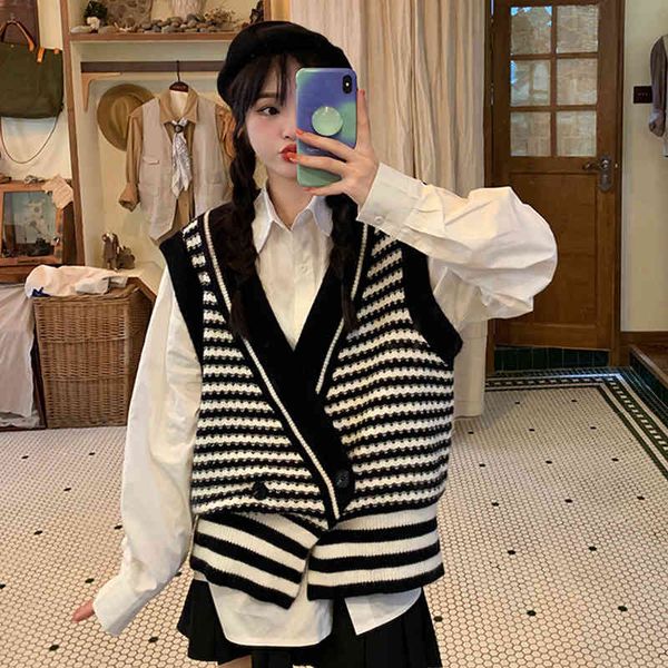 

women's vests sweater vest striped v-neck neck design autumn, loose without sleeves n3cj, Black;white
