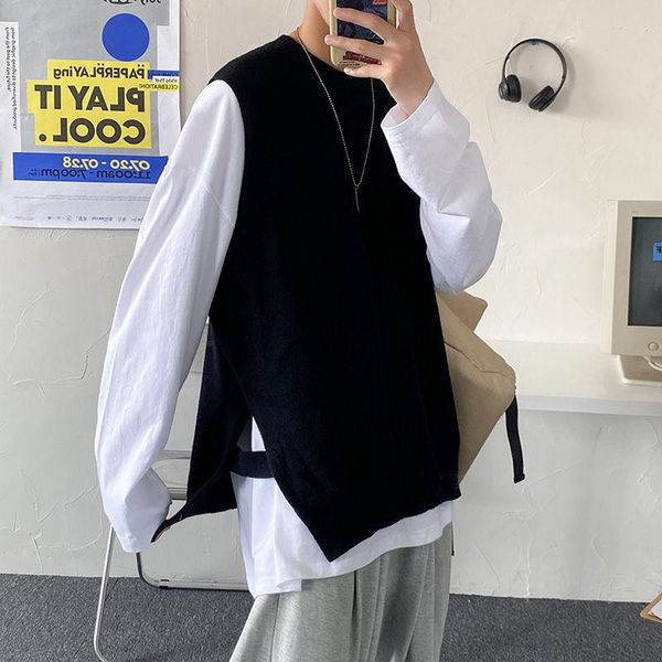 

korean version of the trend neutral wind lazy knit round neck wild couple students loose casual sweater vest men's vests, Black;white
